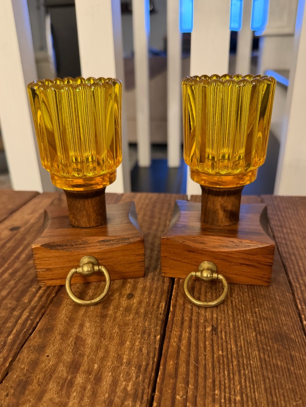 Yellow Glass Candle Holders with Wood and Brass Base - Pair